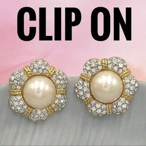 Pearl Flower Rhinestone Gold Silver Clip On Earrings